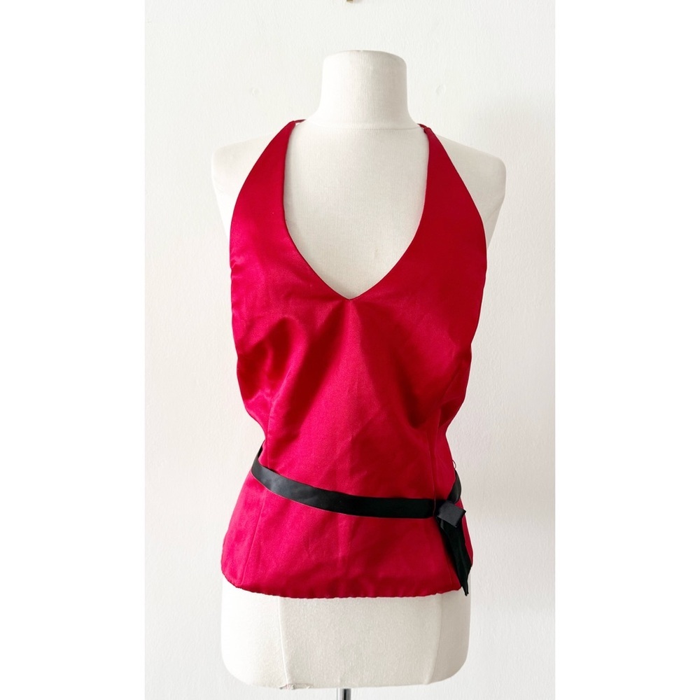 Vintage 90s Y2K Xscape Satin Red Belted Halter Top with Boning Size 14